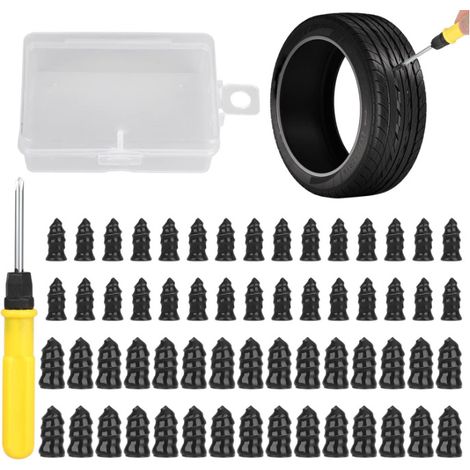 Kit réparation pneu - 60 pièces, Bouchons de réparation pneu voiture clous caoutchouc emballage sous vide - Noir (1/2)