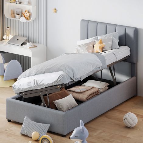 Eifson – Lit coffre simple 90x200 cm – Tête de lit rayée – Rangement hydraulique – Structure métallique – Sommier à lattes en lin – Gris