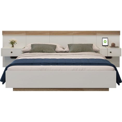 Lit double 160x200 avec 2 chevets LED, ports USB et USB-C, cadre en bois, effet suspendu, blanc et bois clair, pour chambre moderne et pratique – CHICFURN (1/5)