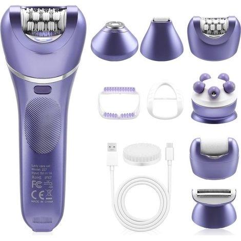 Kit d'épilateur 7 en 1 pour femme - Épilateur sans fil humide et sec avec lumière LED - Épilateur visage et corps - Étanchéité IPX7 - Autonomie : 90 min
