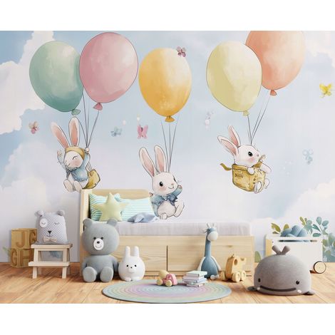 Fototapete Kaninchen Wolken, für Kinderzimmer, 150 x 105 cm – Komplettset inkl. Kleister & Anleitung (1/5)