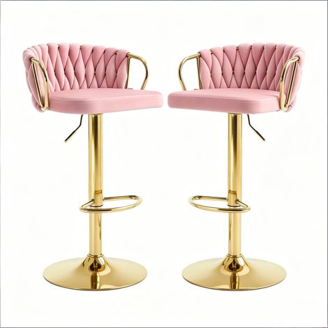 Lot de 2 tabourets de bar pivotants à 360°, avec repose-pieds, hauteur réglable, tissage tressé, rose (1/5)
