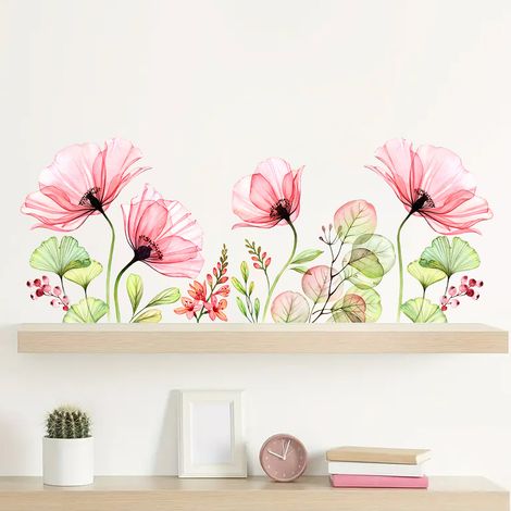 Sollbry Stickers Muraux Fleurs Coquelicots Autocollant Mural Aquarelle Floral Rose Deco Stickers Salon Cuisine Chambre Enfants Bébé Décoration (1/5)