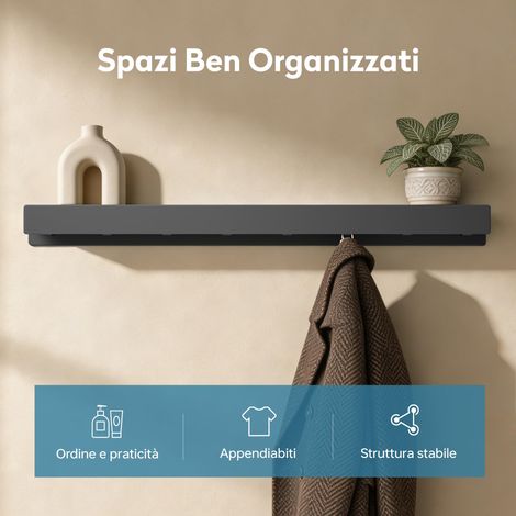 doporro Mensola da Parete con 8 Ganci Nascosti, Mensola in Metallo Rimovibile, Mensola da Appendere per Bagno, Cucina, Ingresso e Camera da Letto, 80cm, Nero sabbia, Stalo-11