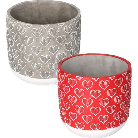 KOTARBAU Lot de 2 pots de fleurs décoratifs en béton - Motif cœurs - Rouge/gris - Diamètre : 13 cm (1/5)