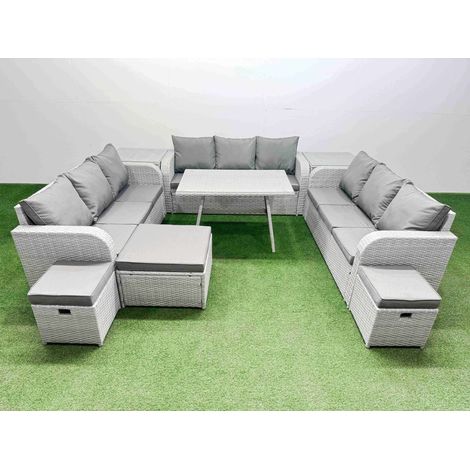 Fimous 12 Seat Outdoor PE Rattan Garden Furniture with Cushions 3 Seater Sofa 2 Side Tables 3 Stool Light Grey (1/4)