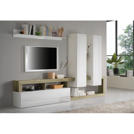 Set di mobili da soggiorno di design con numerosi vani contenitori collezione BURA. Colore bianco lucido e rovere cadiz