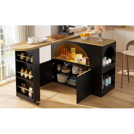 Ausziehbarer Bartisch mit Stauraum(135-205×39×100cm) , Moderner Beweglicher Bar Table, Teleskopischer Bartisch mit LED Hochtisch Kücheninsel, Gewölbtes Türdesign, schwarz (1/5)