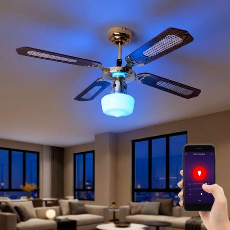 Smart LED Deckenventilator dimmbar Deckenlampe Ventilatorleuchte, Sprach App Steuerung, RGB Farbwechsel, Sommer Winter, Zugschalter 3 Stufen, Glas opal, MDF braun, 5W 470lm warmweiß-kaltweiß, D 105 cm
