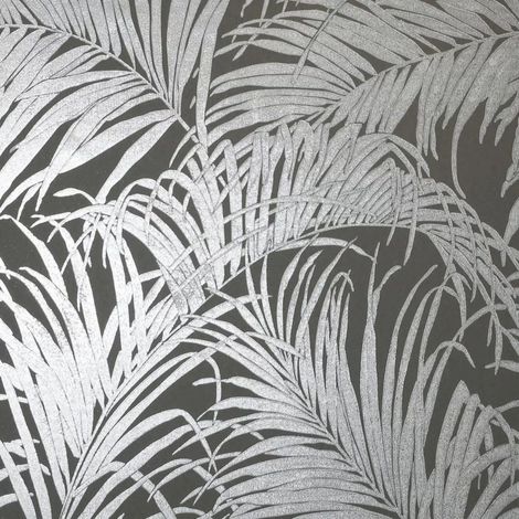 Arthouse Kiss Foil Palm Leaf Grey Gunmetal Metallic Matt Background Scrubbable