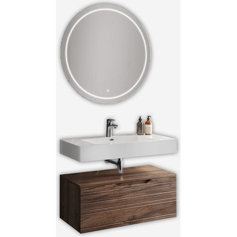 Mobile bagno sospeso con lavabo e specchio LED Solmira - Marrone Scuro