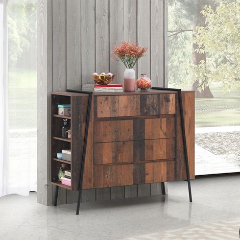 Rustic Chest of 4 Drawers with Metal Frame and Oak Finish Modern Storage (1/5)