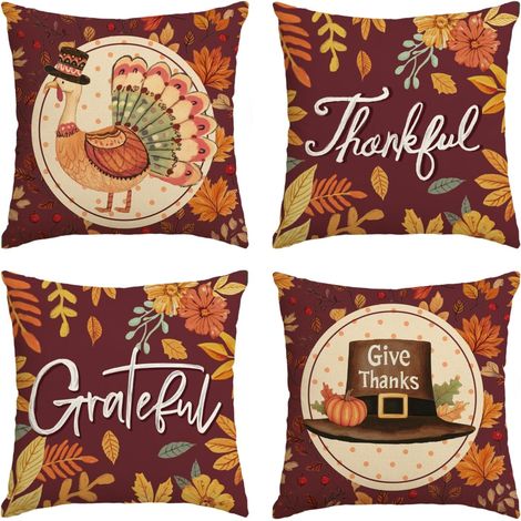Fundas de cojín decorativas con diseño de pavo de Acción de Gracias, 45 x 45 cm, estampado otoñal de hojas de arce y flores, para sofá o hogar (juego de 4). (1/5)