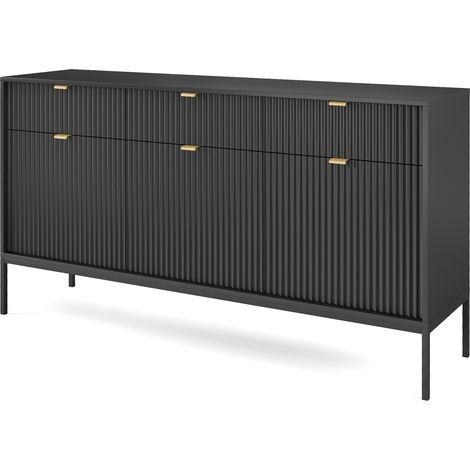 Selsey Vellore Sideboard Kommode 3-türig mit 3 Schubladen, Schwarz mit geriffelten Fronten, 154 cm (1/5)