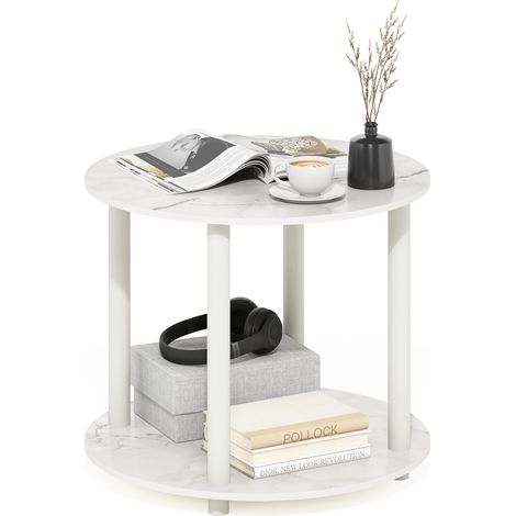Table Basse Ronde en Bois à 2 Niveaux, Marbre Blanc, 1-Pack (1/5)