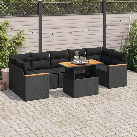 Set sofás jardín y cojines 8 pzas ratán sintético acacia negro vidaXL (1/5)