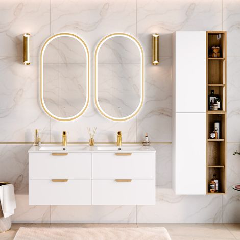 Lavabo doble de 120 cm con pedestal Oria en blanco mate