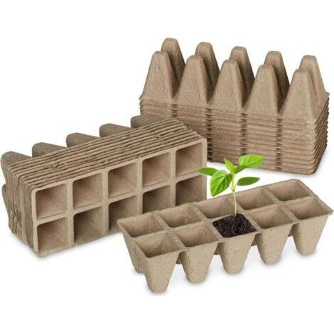 Lot de 72 plateaux de semis biodégradables, carrés, pour 720 semis, en papier, 5,5 x 22 x 8,5 cm, naturel (1/4)