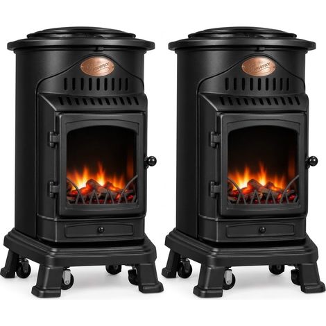 Poêle à gaz Provence en fonte 3400W Pack de 2 Noir Effet feu Chauffage d'appoint gaz sur roues (1/5)