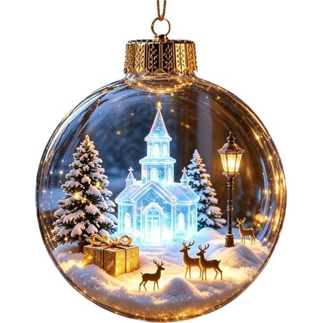 Boule à neige de Noël en acrylique avec lumière LED, scène de traîneau de rennes enneigée, décoration à suspendre pour sapin de Noël de style américain (1/5)