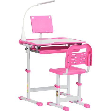 Kinderstuhl- und Schreibtischset mit LED-Lampe, höhenverstellbarer, geneigter Tischplatte und Lesestütze (rosa)
