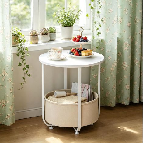 Beistelltisch rund mit Stoffkorb 45x50 cm Weiß Metall OKMYHOME (1/4)
