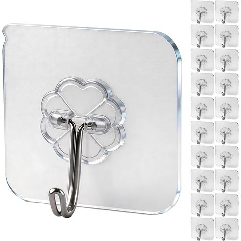 Crochets Adhésifs Transparents sans Percer - Résistants 15kg Max, Étanches Eau/Huile - Salle de Bain & Cuisine - Pour Serviette, Manteau, Clés - Multifonction - 20 Pièces (1/5)