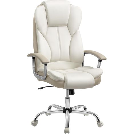 Chaise de Bureau, Fauteuil Gaming, Siège Ergonomique avec Accoudoirs, Réglable en Hauteur, Télétravail, Espace de Travail, Blanc Crème et Marron Caramel OBG057W01 (1/5)