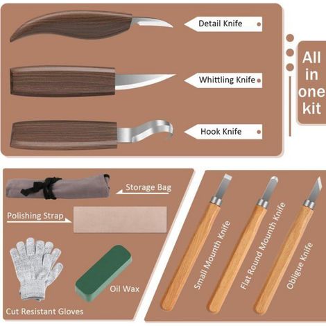Lot de 10 outils de sculpture sur bois : kit complet avec 3 ciseaux à bois, 3 couteaux à sculpter, gants de protection et sac de rangement (1/5)