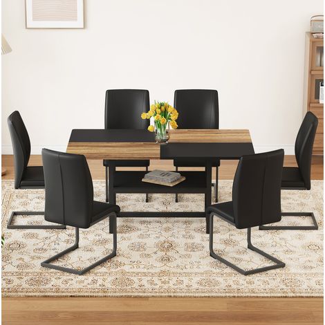 Set da pranzo con tavolo e 6 sedie in MDF e metallo nero/legno, con ripiano portaoggetti e seduta in similpelle, 160x90x76 cm (1/5)