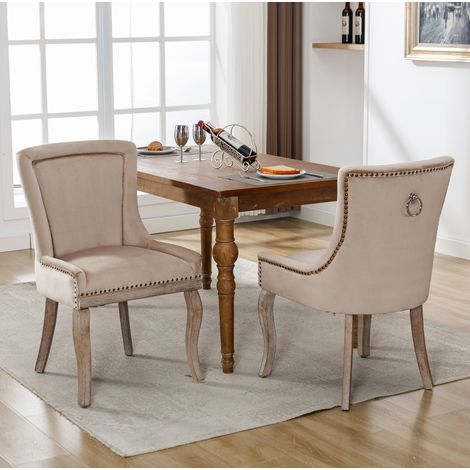 2 chaises salle à manger 55x61x91 cm velours beige, assise rembourrée, stables – MEUBLIV (1/5)