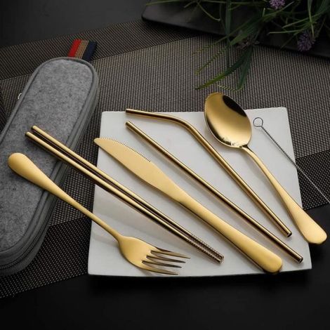 Ménagère 8 pièces, Couverts de table,Ustensile Portable Couvert,Couverts Portables,Couvert Camping-Or (1/4)