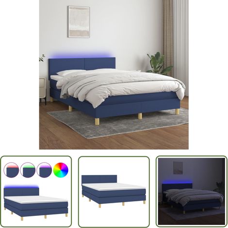The Living Store Sommier à lattes de lit avec matelas LED Bleu 140x190 cm Tissu - Sommier Tapissier - Lit Avec Led - Matelas À Ressorts Ensachés - Tête De Lit Réglable - Éclairage LED (1/5)
