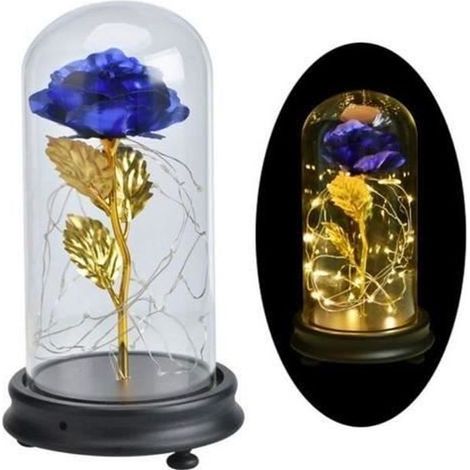 Rose éternelle LED Belle et la bête - Or et bleu - Chambre - Feuille d\'or rose + bois et verre (1/4)