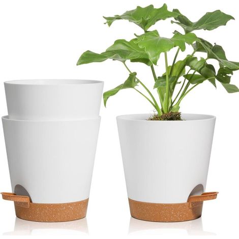 3 Pcs Pots de Fleurs en Plastique 16.5cm Blanc Auto-Arrosant avec Soucoupe avec Système d'arrosage Pot de Fleur Paresseux Convient aux Jardins de Balcon Intérieurs et Extérieurs (1/5)