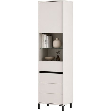Vitrine Ovodda, Ausstellungsregal mit 4 Böden, 2 Türen, Füßen, Glastür und -boden, 55x40x193h cm Cremeweiß