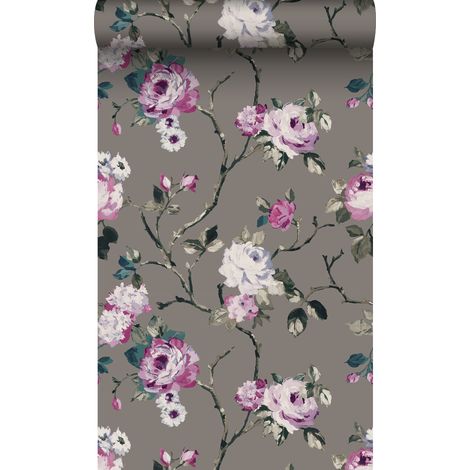 papier peint fleurs taupe et lilas violet - Origin Wallcoverings (1/5)