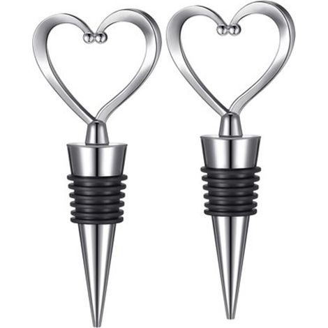 Lot de 2 bouchons de bouteille de vin – Économiseur de vin en acier inoxydable, bouchons de vin réutilisables pour boissons, bouchon de vin en forme de cœur pour cadeaux, bar, fête de vacances, mariag