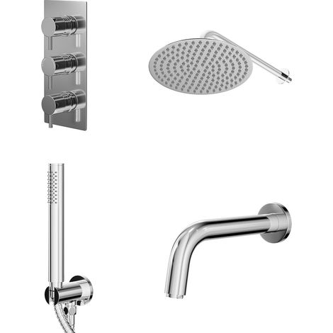Circo Polished Chrome Concealed Triple Thermostatic Shower Valve with Diverter and 300mm Round Head with 345mm Wall Arm and Outlet Holder with Kit and Bath Spout - 3 Outlet (1/5)