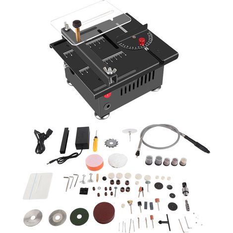 Scie de table multifonctionnelle 100 W, mini scie électrique de bureau, vitesse et angle de coupe réglables, lame relevable, profondeur de coupe de 16 mm, arbre flexible et accessoires inclus pour le  (1/5)