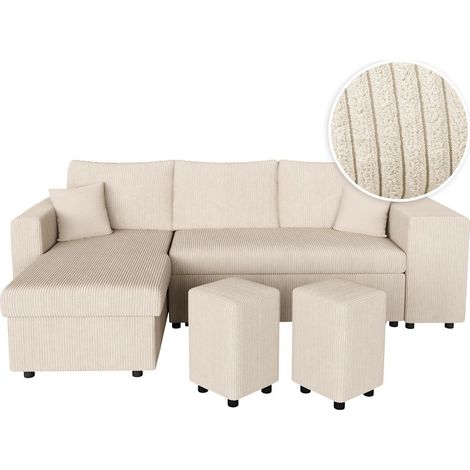 Canapé d'angle réversible convertible OSLO avec coffre, 2 poufs à droite en velours côtelé beige (1/5)