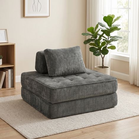 MEUBLIV Poltrona letto 2 in 1 grigia in ciniglia, pieghevole con cuscino (1/5)