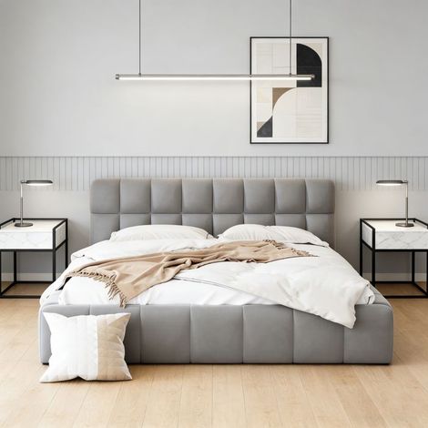 Bett 140x190 cm - NEXU - Modernes Design - Leinenstoff - Robuster Rahmen - 2 Plätze