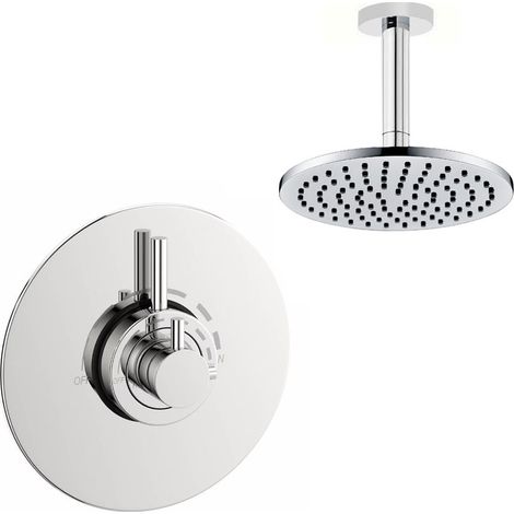 Chrome Modern Round Dual Concealed Thermostatic Shower + Ceiling Fed 8"" Rose (1/4)