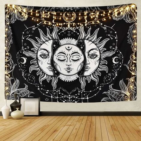 Wall Decor - Sun and Moon Tapestry Burning Sun with Starry Tapestry Psychedelic Tapestry Black and White Mystic Tapestry Wall Hanging - 59.1 "x 59.1" (1/5)