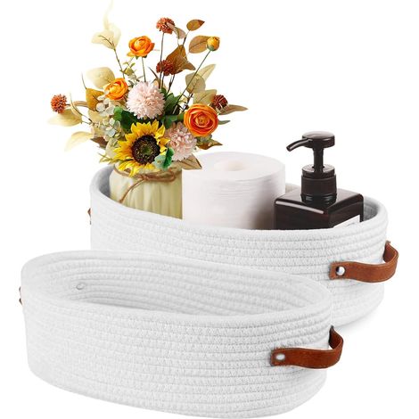 Basket of Storage, Rope in Cotton Basket Braided, 2 Pieces  33 x 15 x 10 cm Box Storage Bathroom, Baskets in Rope of Cotton Multifunction White, for Bathroom, Bedroom (1/5)