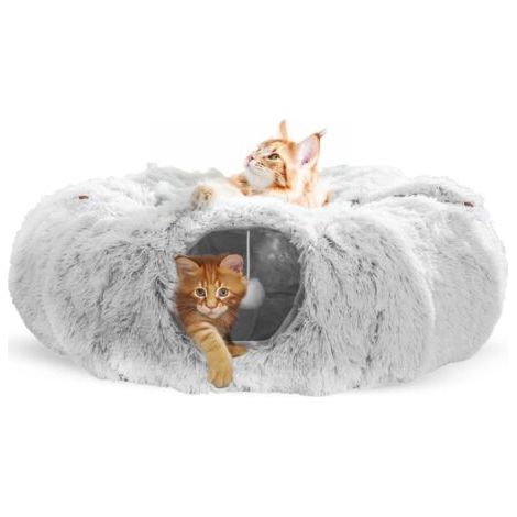 Houhence – Tunnel pour chat rond avec coussin – 90 cm de long – Matériau doux et pelucheux – Pour chats et petits animaux jusqu'à 10 kg (1/5)