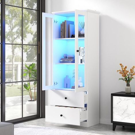 Vitrine - GUTENT - 165 cm - Éclairage LED USB - 2 tiroirs - Verre trempé blanc (1/5)