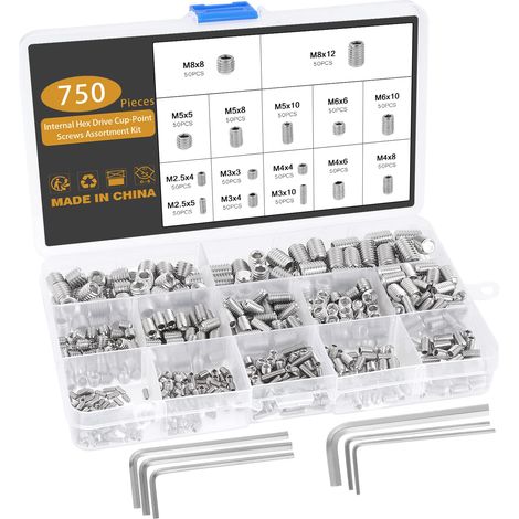 750 Pièces Vis Hexagonale Inox, M2.5 à M8, 15 Tailles avec Clé Allen (1/5)