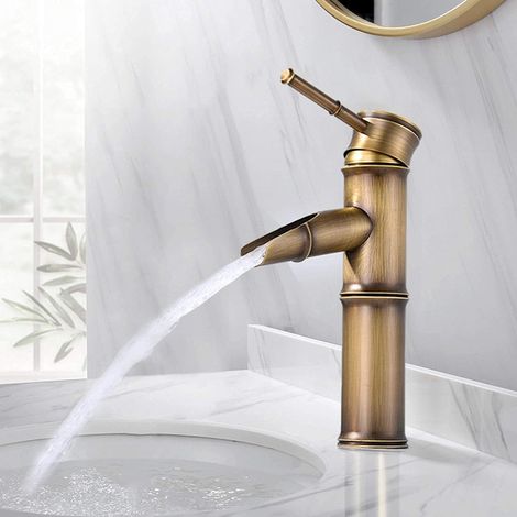 Vintage Bambus Wasserhahn, Messing Wasserfall Einhebelmischer Mischbatterie, Wasserhahn Kaltes und Heißes 2 Joints Break Mouth